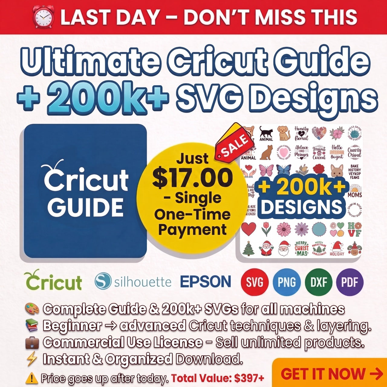 ⏰ Last day : 200k SVG Designs files + Cricut Guide ebook