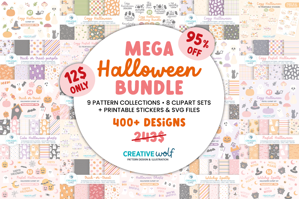 Mega Halloween Bundle – 9 Seamless Patterns, Clipart, Stickers & SVGs - 99SVG