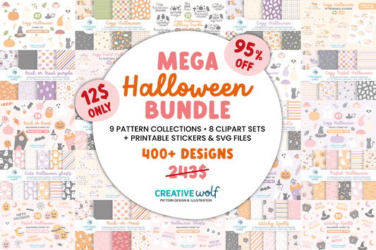 Mega Halloween Bundle – 9 Seamless Patterns, Clipart, Stickers & SVGs